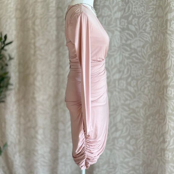NBD Coco Mini Dress Ruched Light Pink Deep V Ballerinacore Glam‎ Romantic Sz XS - Picture 2 of 7